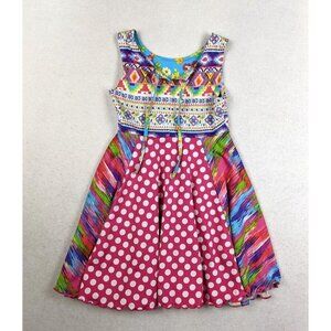 EMILY WEST - GIRL'S BRIGHT FLORAL & GEOMETRIC PRINT REVERSIBLE DRESS - SIZE S
